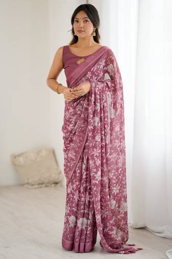 pink color moss satin patta printed ethnic partywear saree