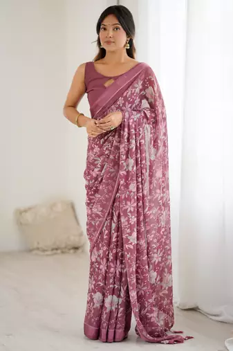 pink color moss satin patta printed ethnic partywear saree