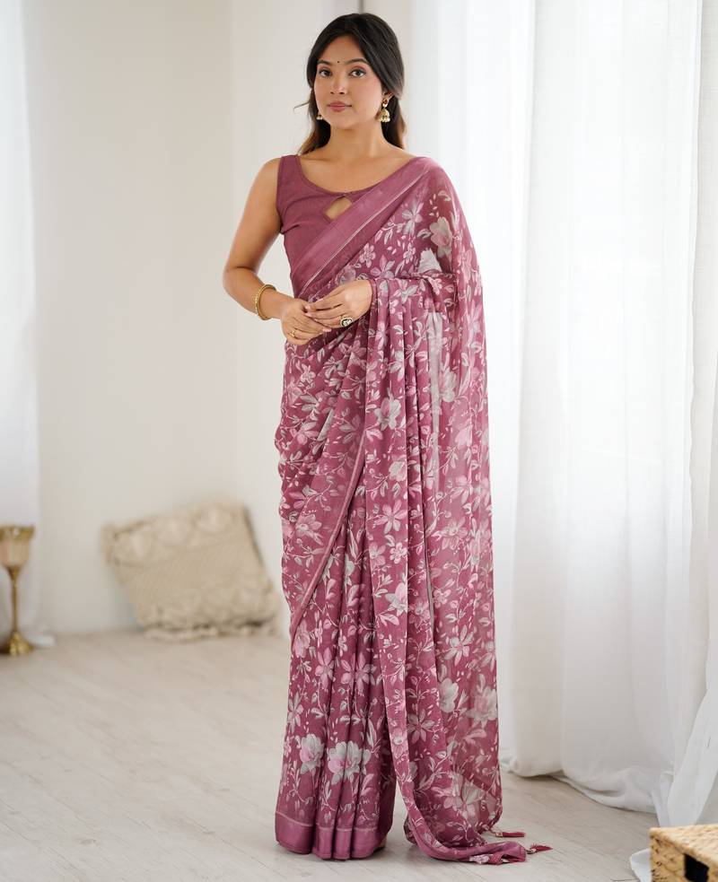 pink color moss satin patta printed ethnic partywear saree