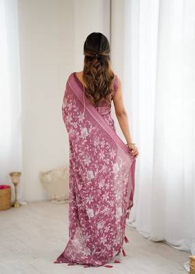 pink moss satin patta printed ethnic partywear saree 3