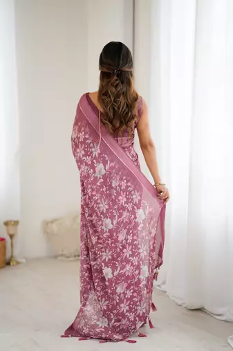 pink moss satin patta printed ethnic partywear saree