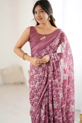 pink moss satin patta printed ethnic partywear saree