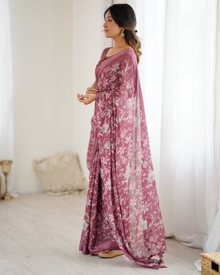 pink moss satin patta printed ethnic partywear saree 5