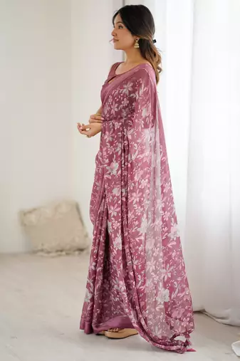 pink moss satin patta printed ethnic partywear saree