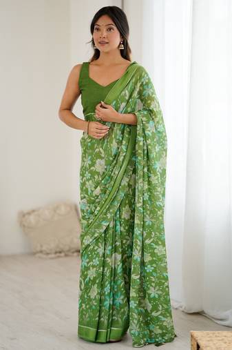 green color moss satin patta printed ethnic partywear saree