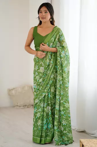 green color moss satin patta printed ethnic partywear saree