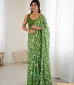 green color moss satin patta printed ethnic partywear saree
