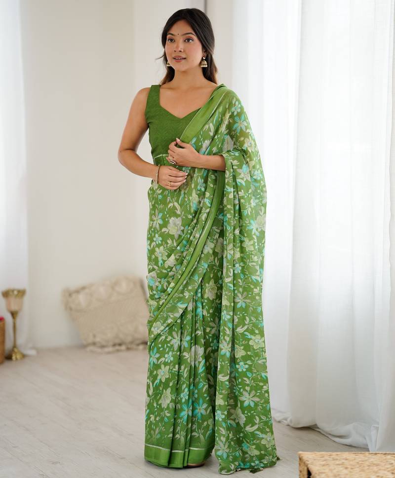 green color moss satin patta printed ethnic partywear saree