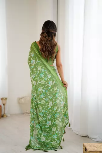 green moss satin patta printed ethnic partywear saree
