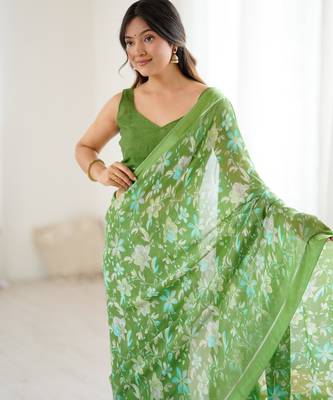 green moss satin patta printed ethnic partywear saree 4