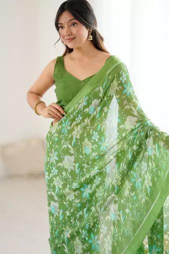 green moss satin patta printed ethnic partywear saree