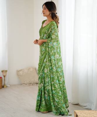 green moss satin patta printed ethnic partywear saree 5