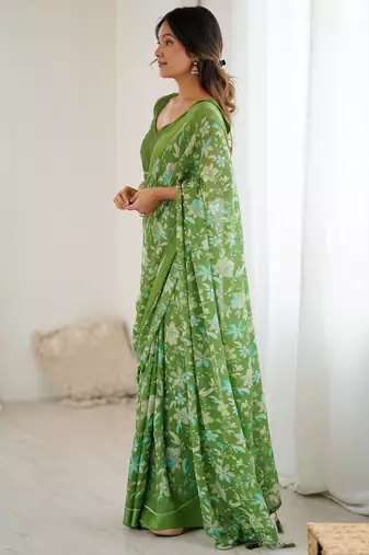 green moss satin patta printed ethnic partywear saree