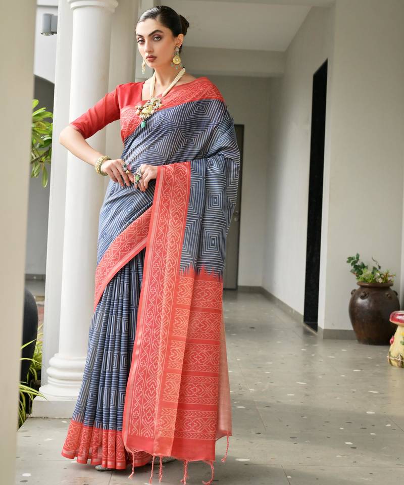 blue color tussar art silk fabric ikkat printed traditional ethnic saree