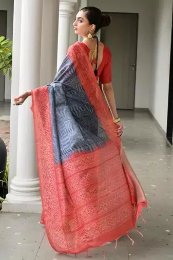 blue tussar art silk blend ikkat printed traditional ethnic saree