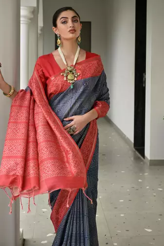 blue tussar art silk blend ikkat printed traditional ethnic saree