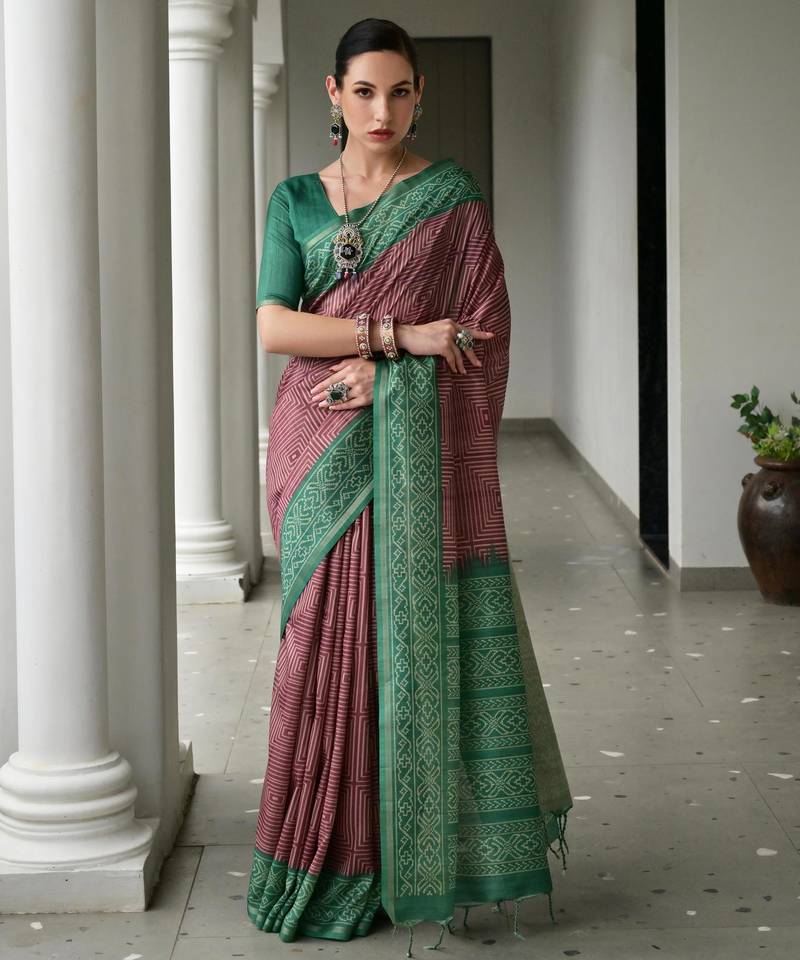 wine color tussar art silk fabric ikkat printed traditional ethnic saree