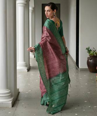 wine tussar art silk blend ikkat printed traditional ethnic saree 2