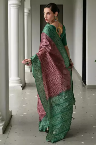 wine tussar art silk blend ikkat printed traditional ethnic saree