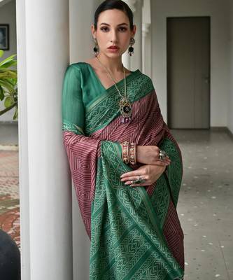 wine tussar art silk blend ikkat printed traditional ethnic saree 3