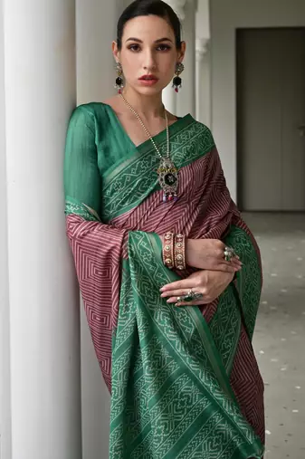 wine tussar art silk blend ikkat printed traditional ethnic saree