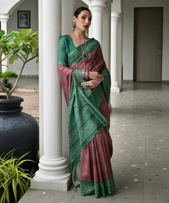 wine tussar art silk blend ikkat printed traditional ethnic saree 4