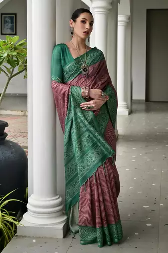 wine tussar art silk blend ikkat printed traditional ethnic saree