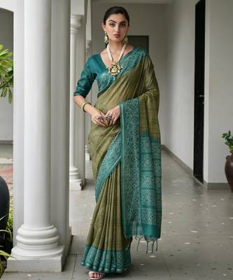 mahendi tussar art silk blend ikkat printed traditional ethnic saree 1