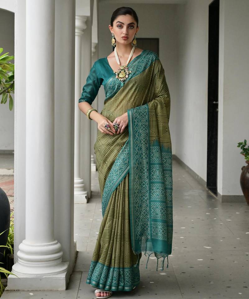 mahendi color tussar art silk fabric ikkat printed traditional ethnic saree