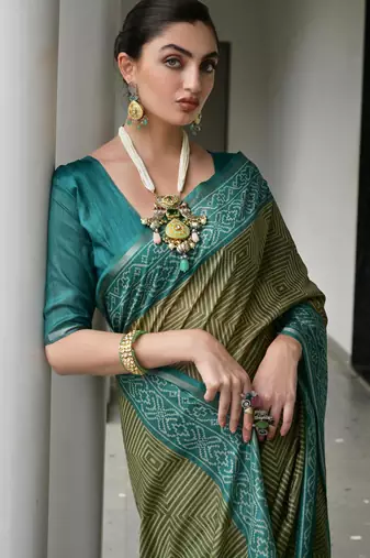 mahendi tussar art silk blend ikkat printed traditional ethnic saree