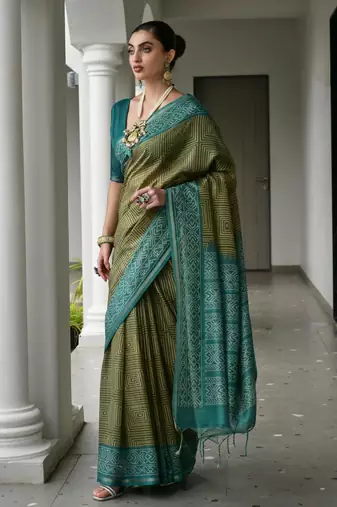 mahendi tussar art silk blend ikkat printed traditional ethnic saree