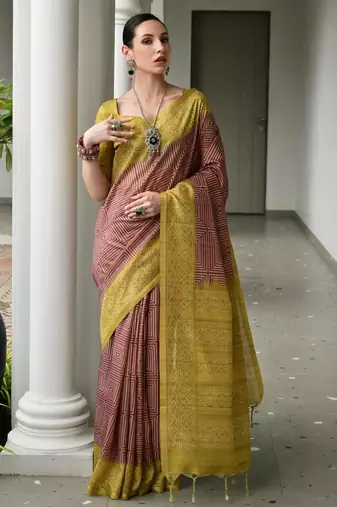 brown color tussar art silk fabric ikkat printed traditional ethnic saree