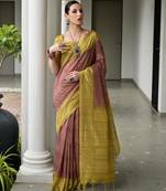 brown color tussar art silk fabric ikkat printed traditional ethnic saree