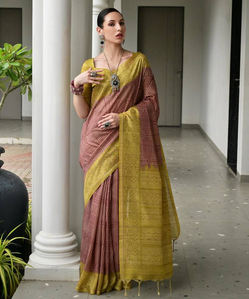 brown color tussar art silk fabric ikkat printed traditional ethnic saree
