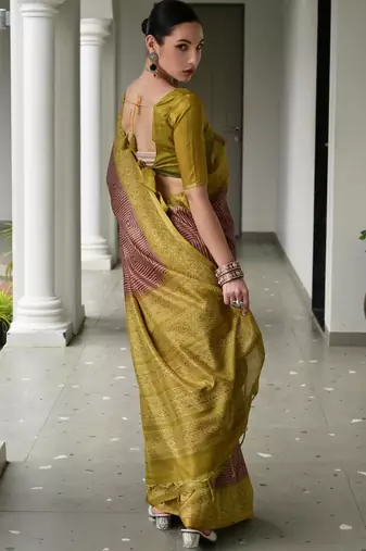 brown tussar art silk blend ikkat printed traditional ethnic saree