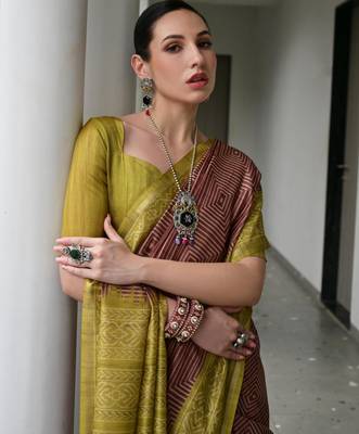 brown tussar art silk blend ikkat printed traditional ethnic saree 3