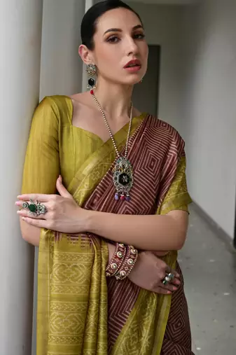 brown tussar art silk blend ikkat printed traditional ethnic saree