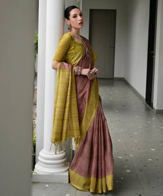 brown tussar art silk blend ikkat printed traditional ethnic saree 4