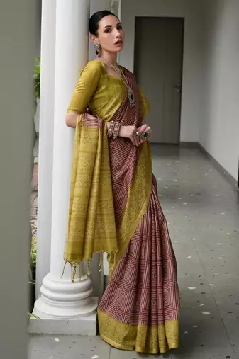 brown tussar art silk blend ikkat printed traditional ethnic saree