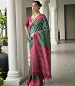 green color tussar art silk fabric ikkat printed traditional ethnic saree