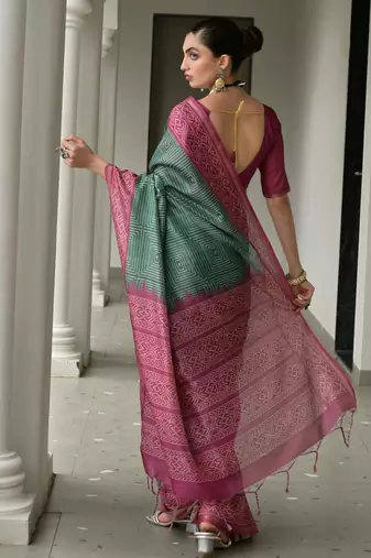 green tussar art silk blend ikkat printed traditional ethnic saree