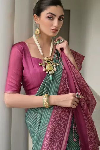 green tussar art silk blend ikkat printed traditional ethnic saree