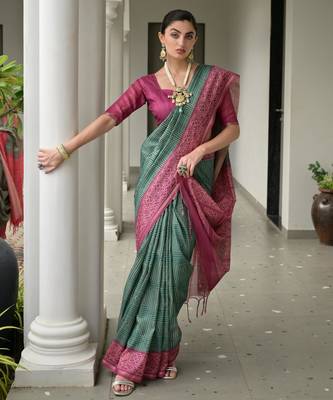 green tussar art silk blend ikkat printed traditional ethnic saree 4