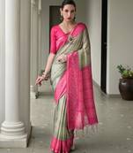 grey color tussar art silk fabric ikkat printed traditional ethnic saree