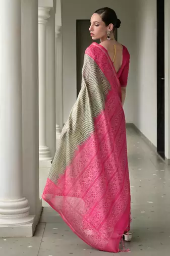 grey tussar art silk blend ikkat printed traditional ethnic saree