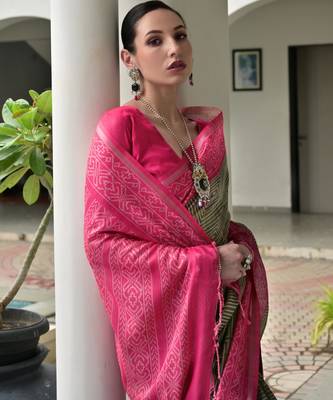 grey tussar art silk blend ikkat printed traditional ethnic saree 3