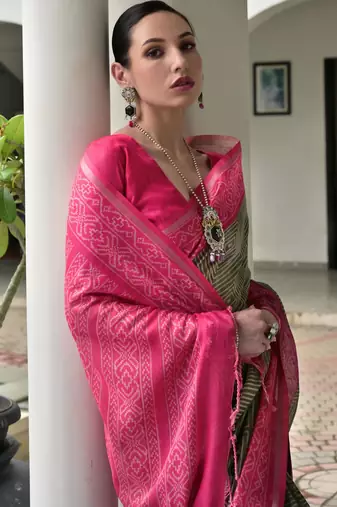 grey tussar art silk blend ikkat printed traditional ethnic saree