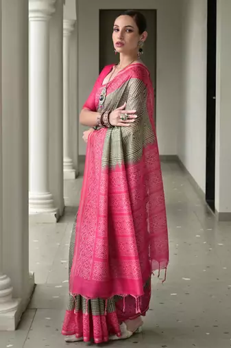 grey tussar art silk blend ikkat printed traditional ethnic saree