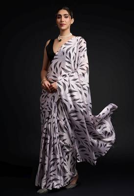 white chinon prinnted ready to wear saree 1