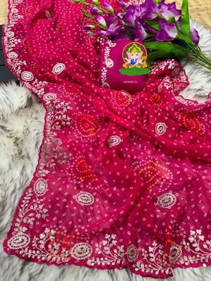 soft  georgette bandhani print saree with pitha work embroidery & mono bangalori blouse 1